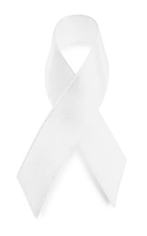 Photo of Bright ribbon isolated on white, top view. World Cancer Day