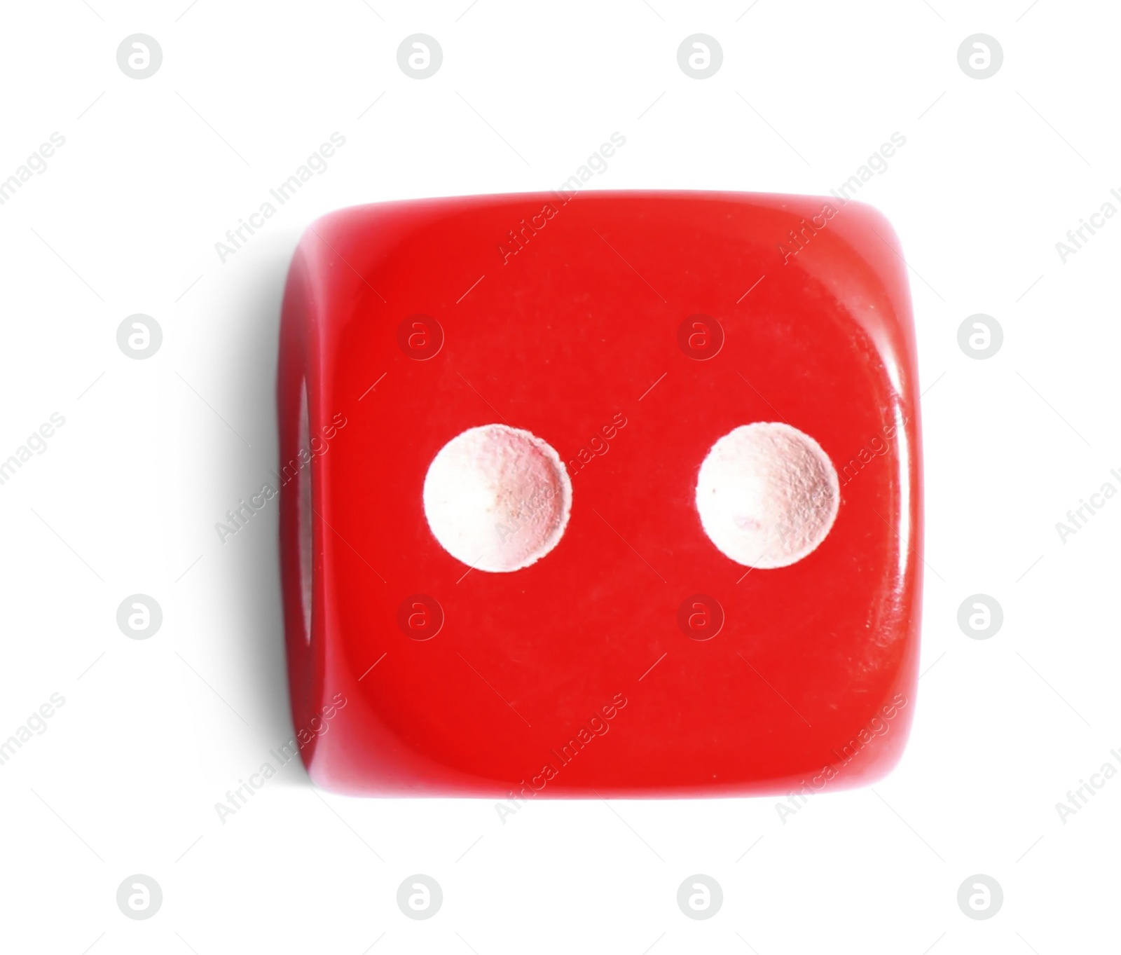 Photo of One red game dice isolated on white, top view