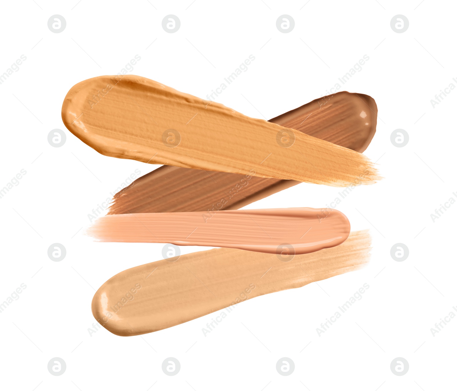 Image of Different shades of liquid skin foundation on white background, top view