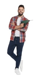 Photo of Young man with power drill on white background