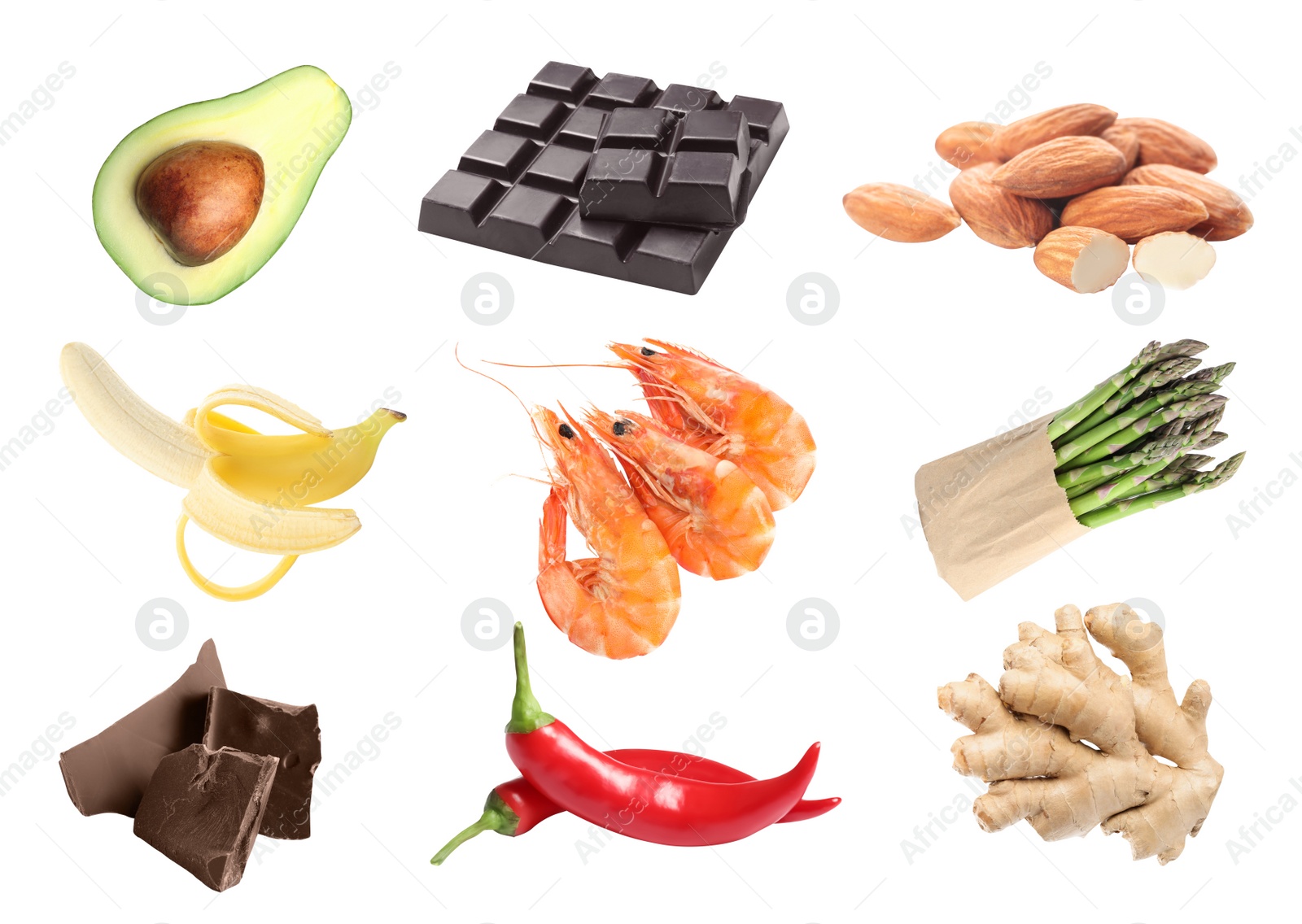 Image of Set with different aphrodisiac food for increasing sexual desire on white background 