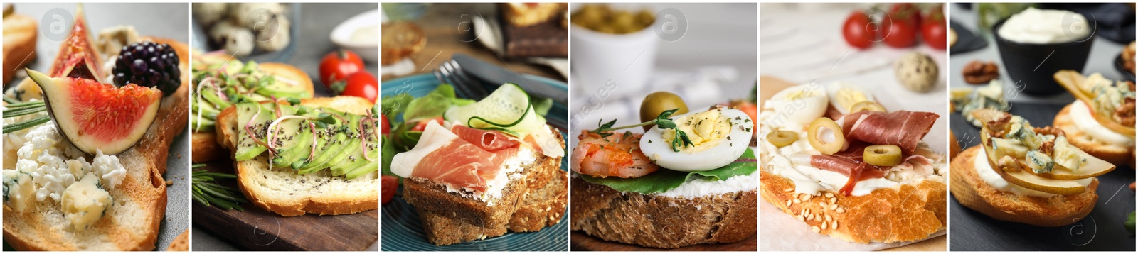 Image of Collage of different tasty bruschettas. Banner design 