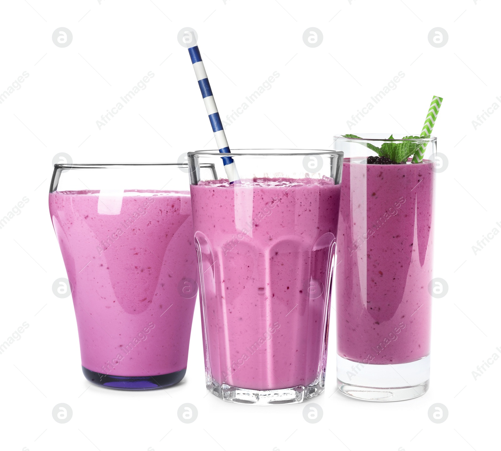 Image of Set of delicious blackberry smoothies on white background