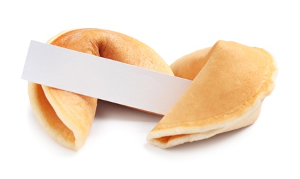 Photo of Traditional fortune cookies with prediction on white background