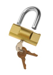 Modern padlock with keys isolated on white