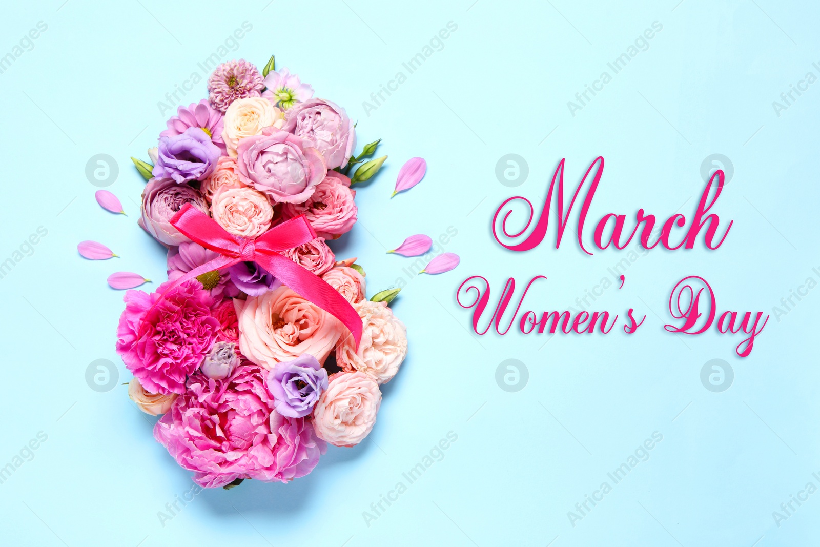 Image of 8 March - Happy International Women's Day. Greeting card design with different flowers on light blue background, top view