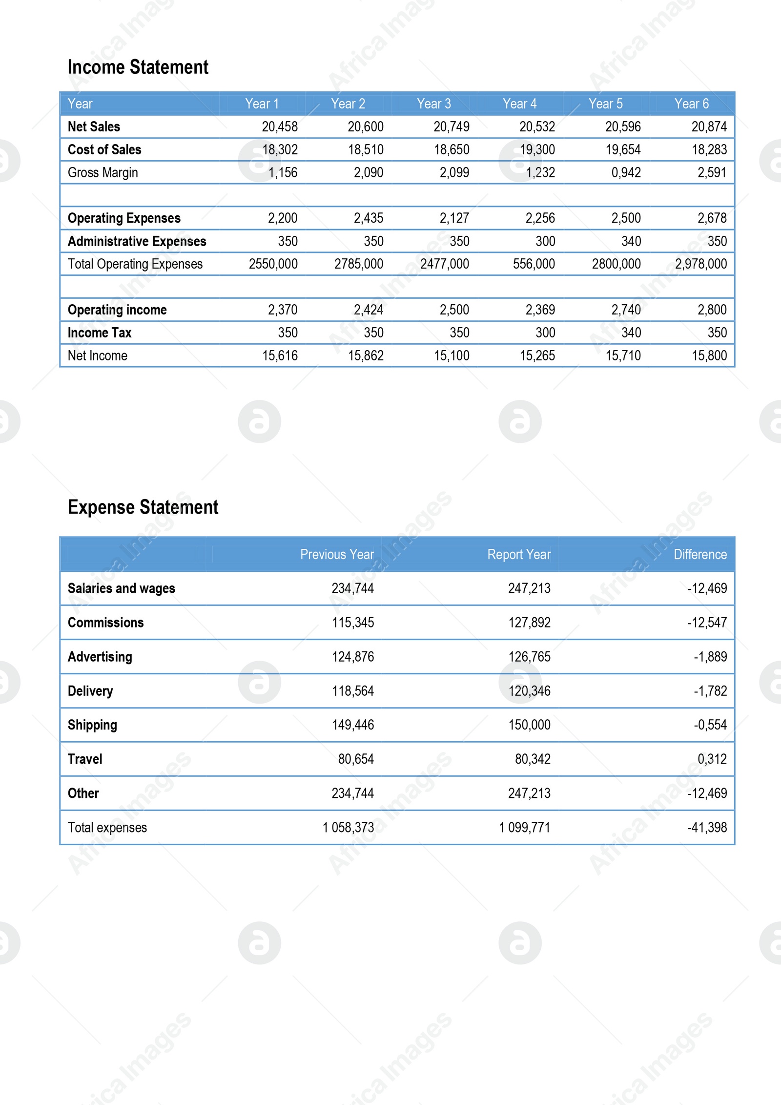Illustration of Accounting document. Table with data on white background