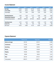 Accounting document. Table with data on white background