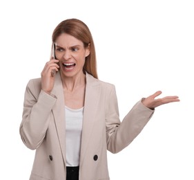 Photo of Angry businesswoman talking on smartphone against white background