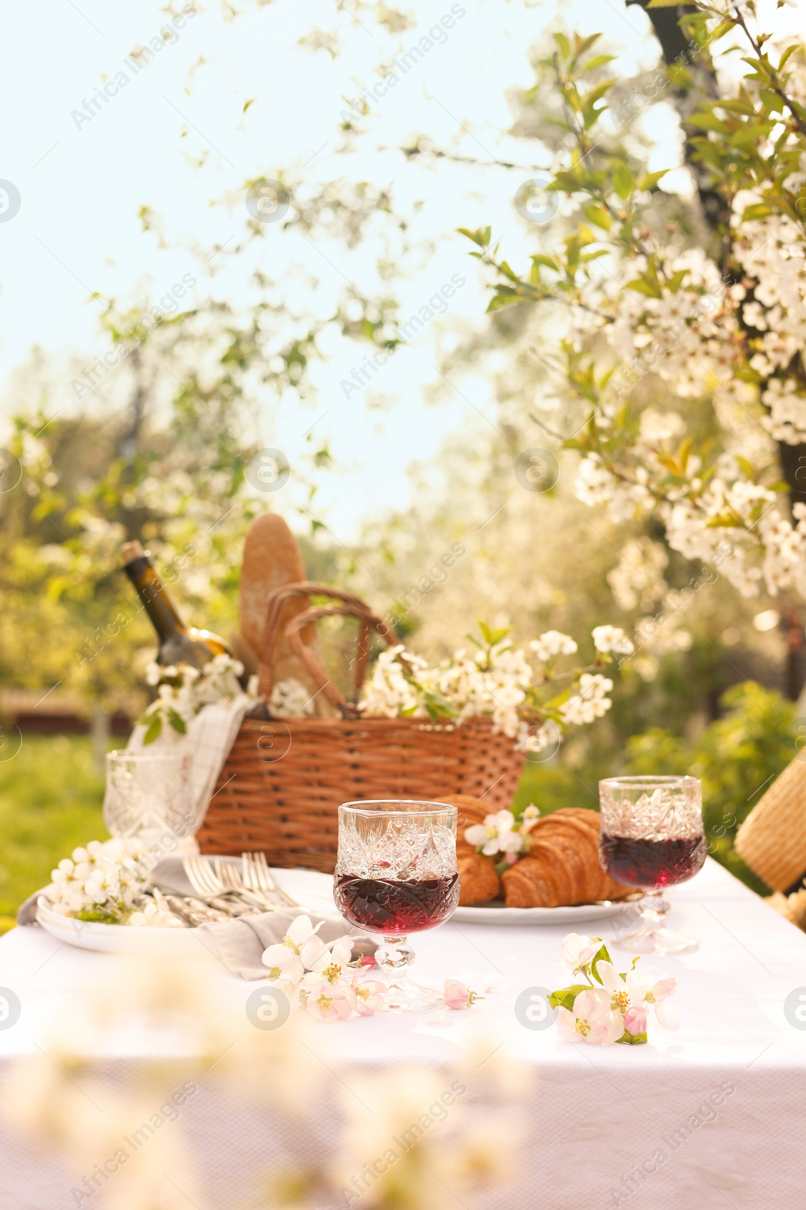 Stylish table setting with beautiful spring flowers, wine and croissants in garden Photo of Stylish table setting with beautiful spring flowers, wine and croissants in garden