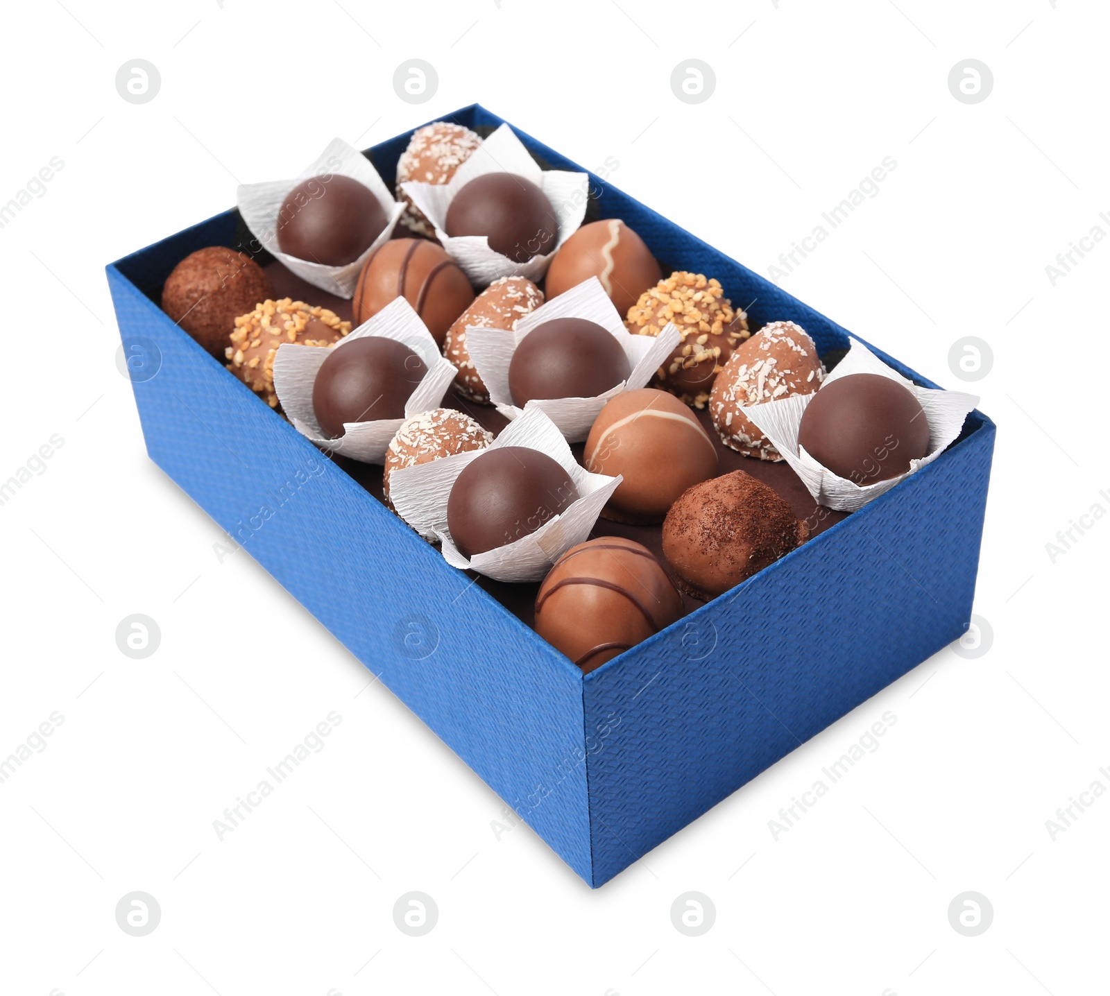 Photo of Box with delicious chocolate candies isolated on white