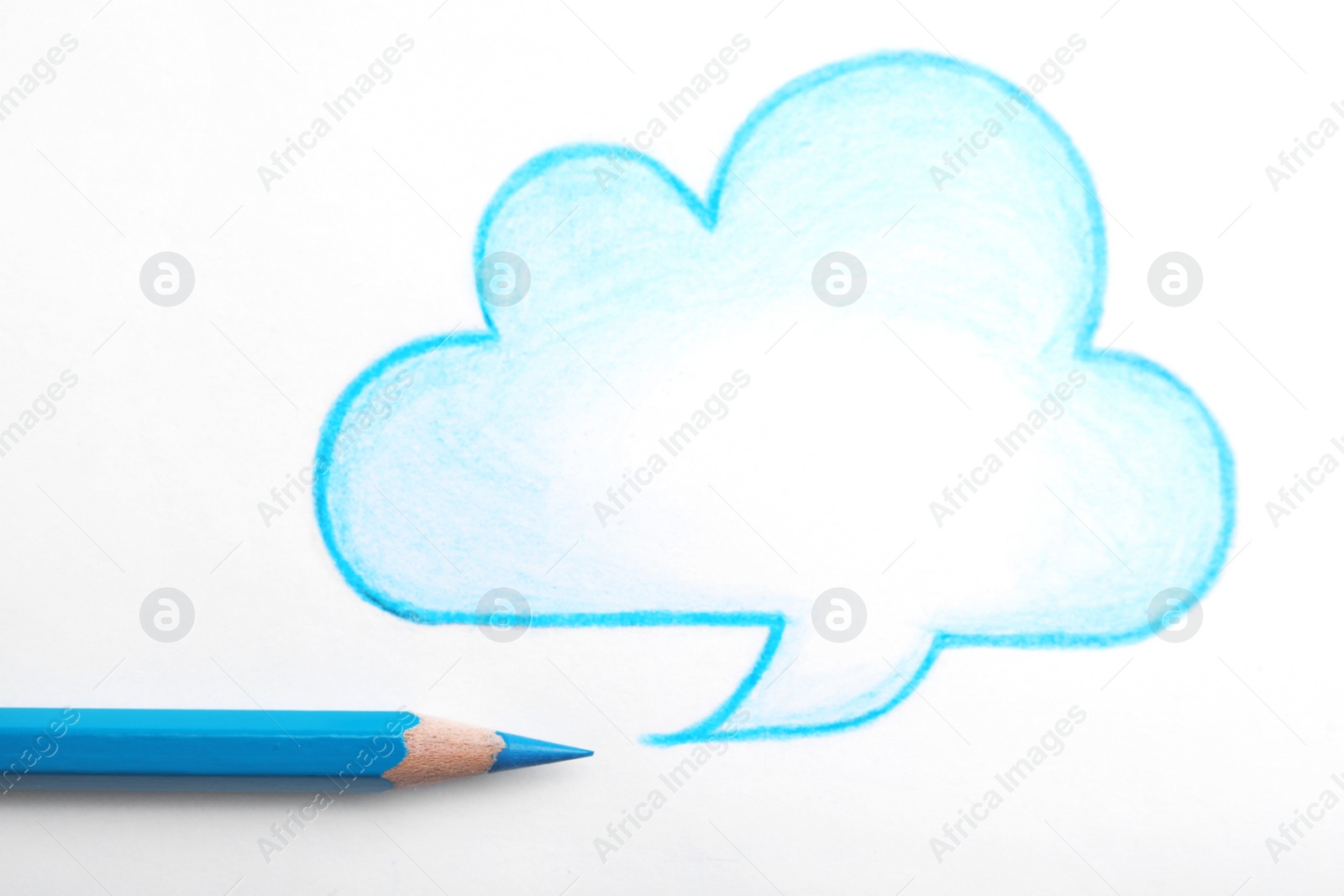 Photo of Drawing of cloud and light blue pencil on white background, top view