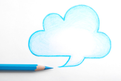 Photo of Drawing of cloud and light blue pencil on white background, top view