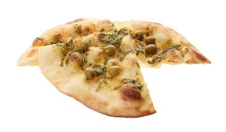 Photo of Slices of delicious focaccia bread with green olives on white background