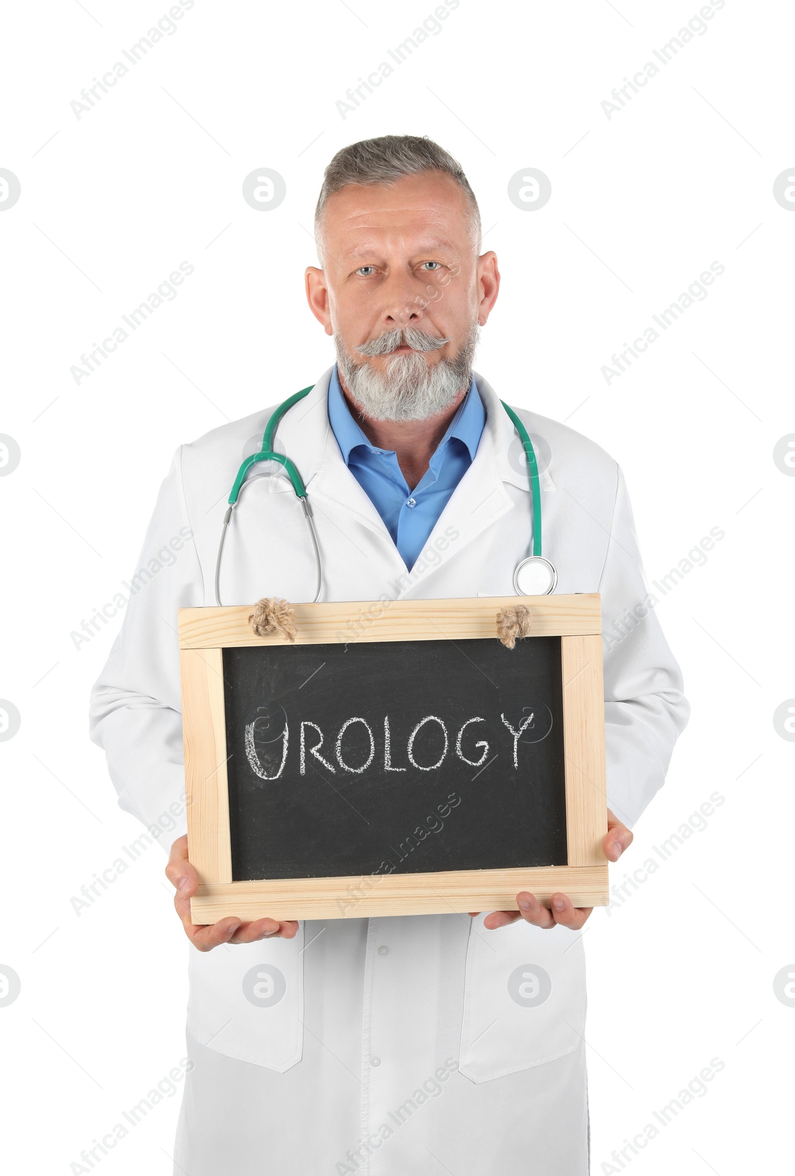 Photo of Male doctor holding chalkboard with word UROLOGY on white background