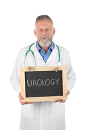 Photo of Male doctor holding chalkboard with word UROLOGY on white background