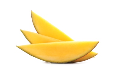 Photo of Slices of delicious ripe mango on white background