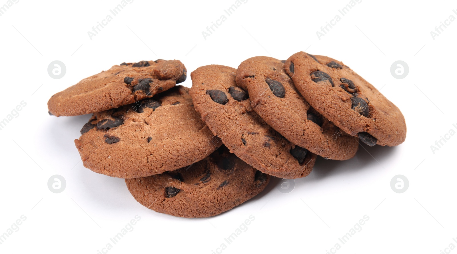 Photo of Pile of delicious chocolate chip cookies on white background