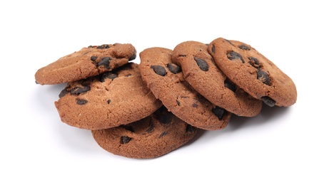 Photo of Pile of delicious chocolate chip cookies on white background