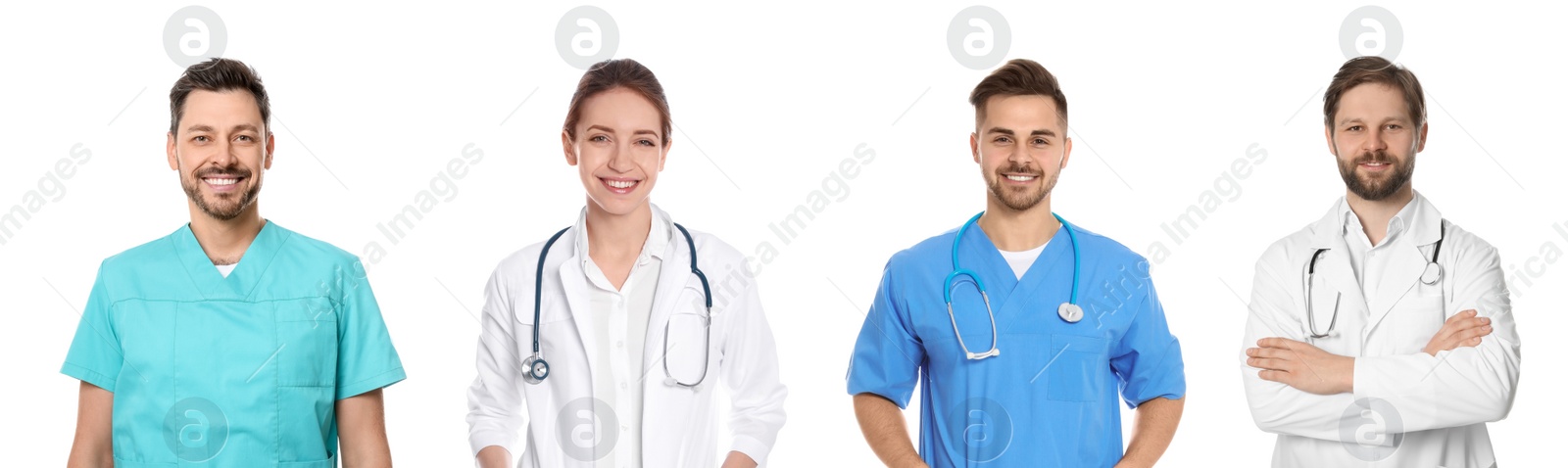 Image of Happy medical nurses on white background, set of photos