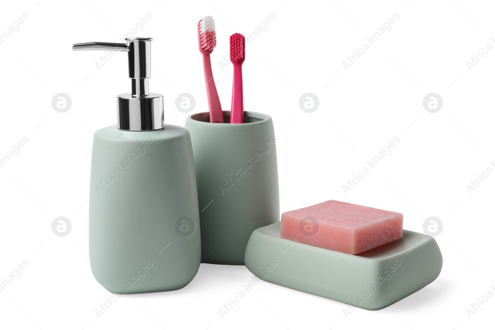 Photo of Bath accessories. Different personal care products isolated on white