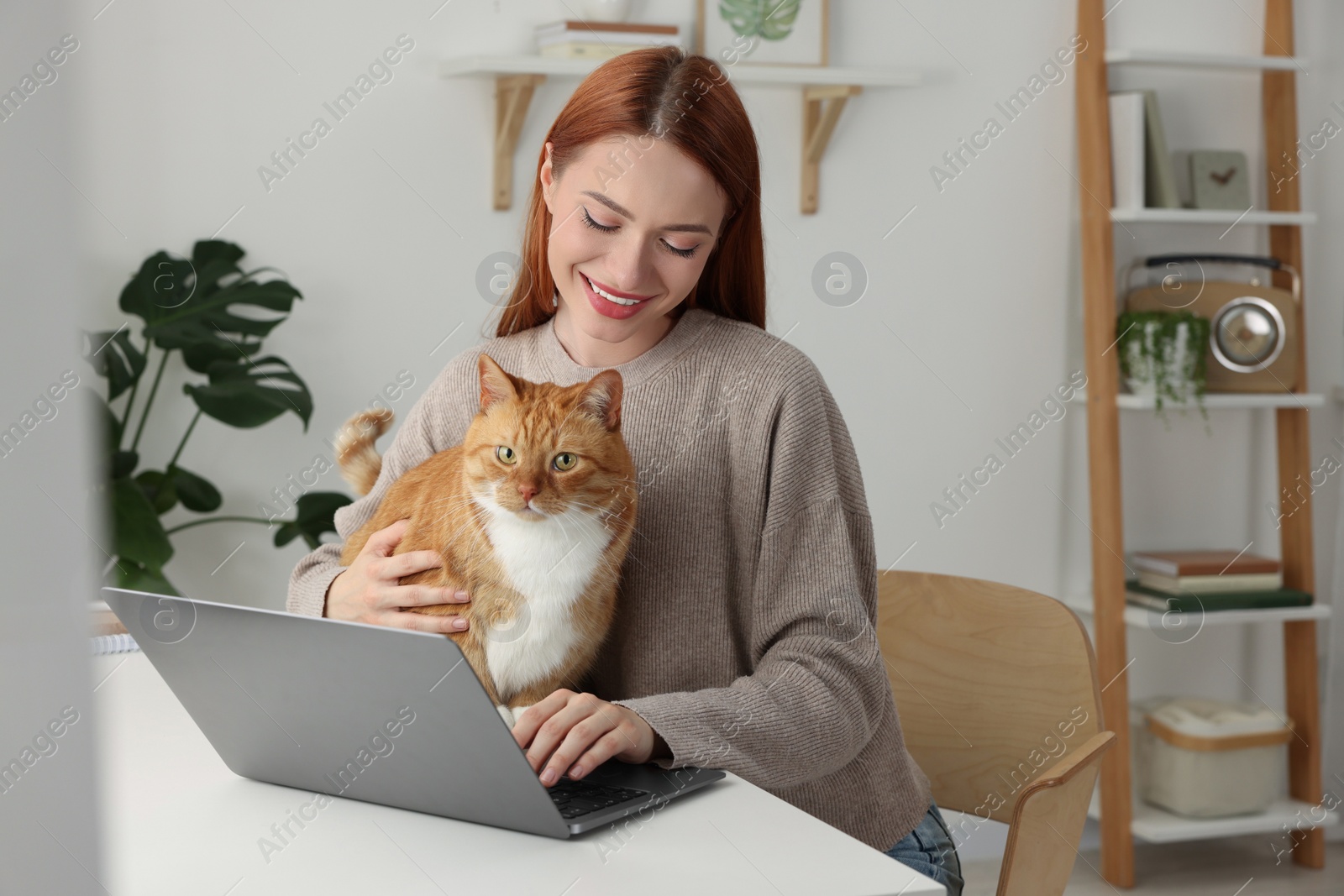 Photo of Happy woman with cat working at desk. Home office