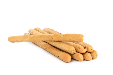 Photo of Fresh delicious grissini sticks on white background