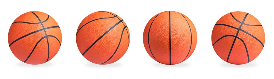 Set with bright basketball balls on white background. Banner design 
