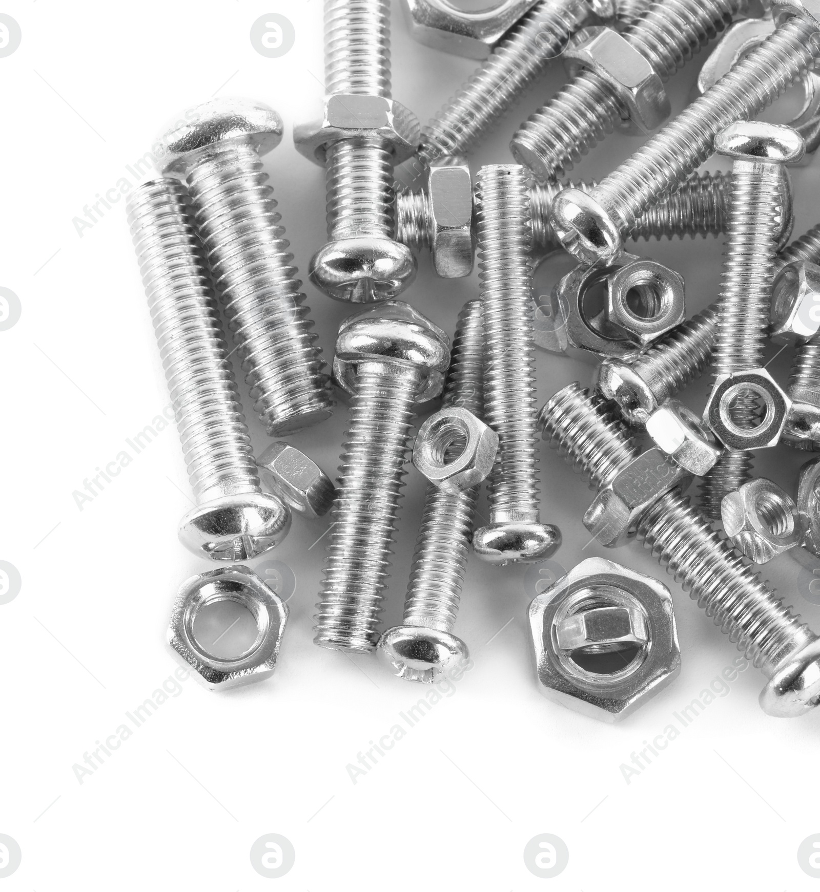 Photo of Many metal bolts and nuts on white background, top view