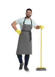 Photo of Young man with yellow broom on white background