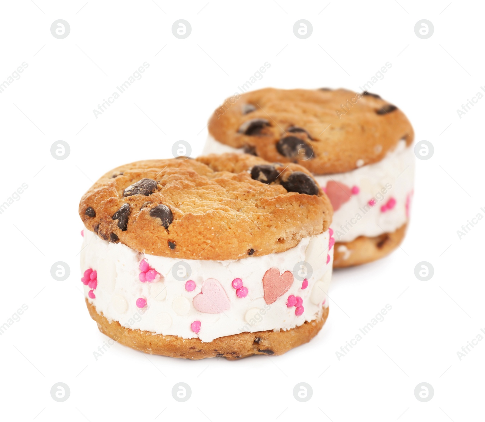 Photo of Sweet delicious ice cream cookie sandwiches isolated on white