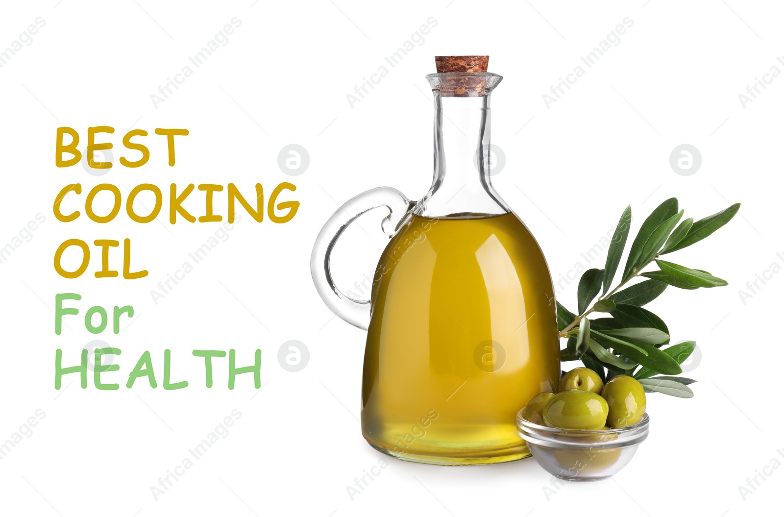 Image of Olive oil as best cooking oil for health. Text and product on white background