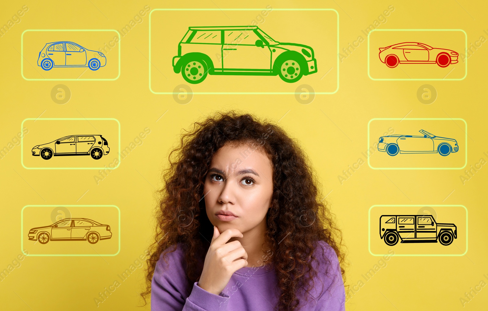 Image of Car buying. African American woman choosing auto on yellow background