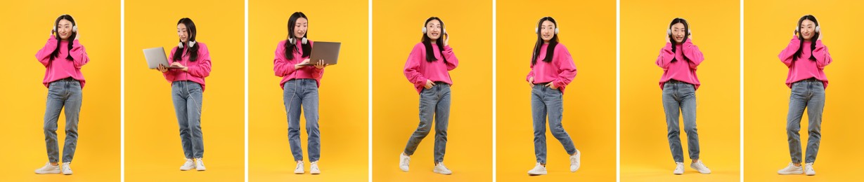 Image of Full length portrait of Asian woman with headphones on orange background, set with photos