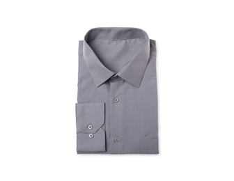 Photo of Stylish shirt isolated on white, top view. Dry-cleaning service