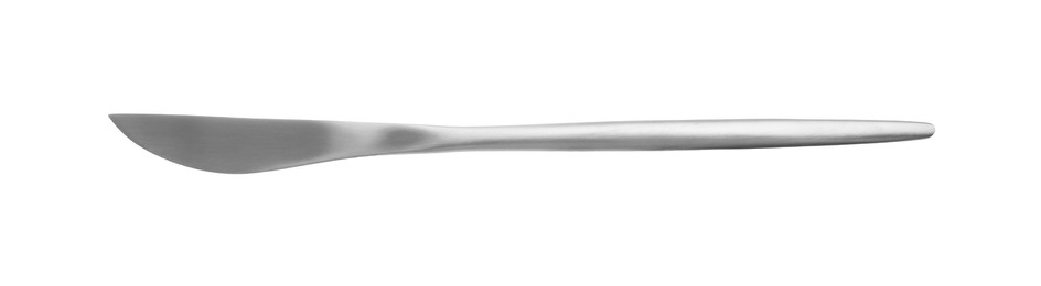 Photo of One silver knife isolated on white, top view. Piece of cutlery
