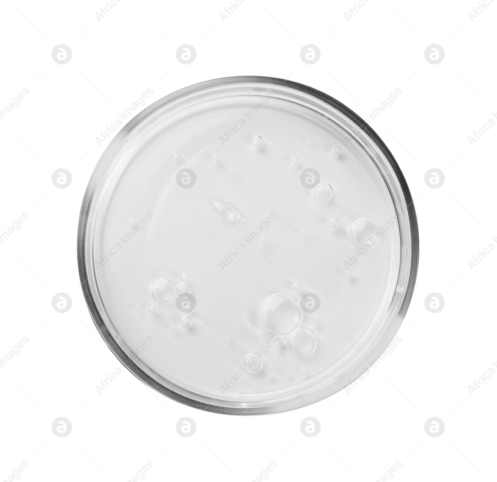 Photo of Petri dish with liquid sample isolated on white, top view