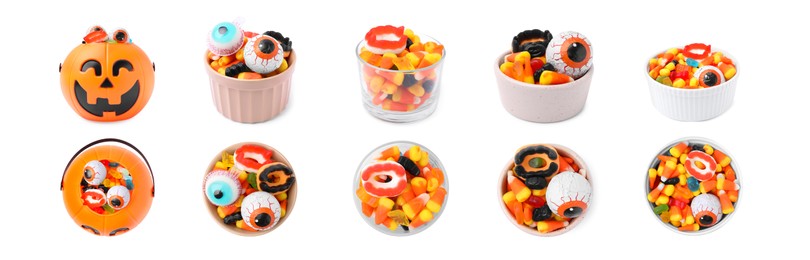 Image of Chewy candies for Halloween isolated on white. Collage with top and side views