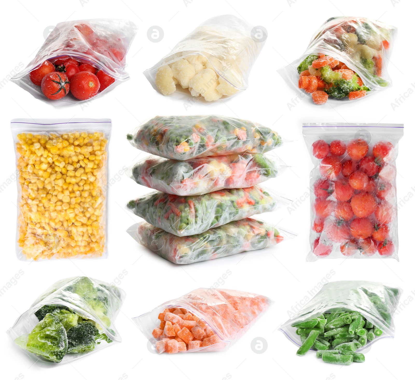 Image of Set of different frozen vegetables in plastic bags on white background