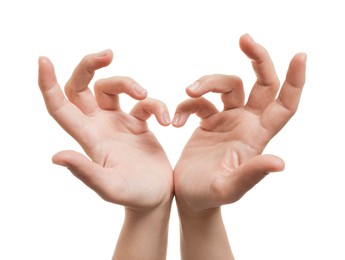 Photo of Woman holding something in hands on white background, closeup