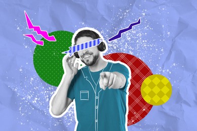 Image of Man with headphones dancing on bright background, creative collage. Stylish art design