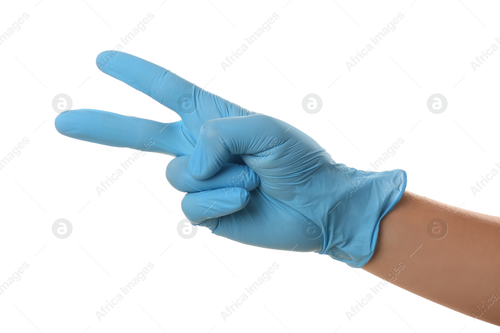 Photo of Person in blue latex gloves showing gesture against white background, closeup on hand