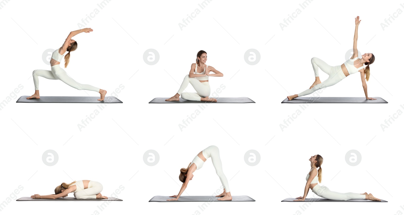 Image of Young woman practicing yoga on white background, collage. Banner design 