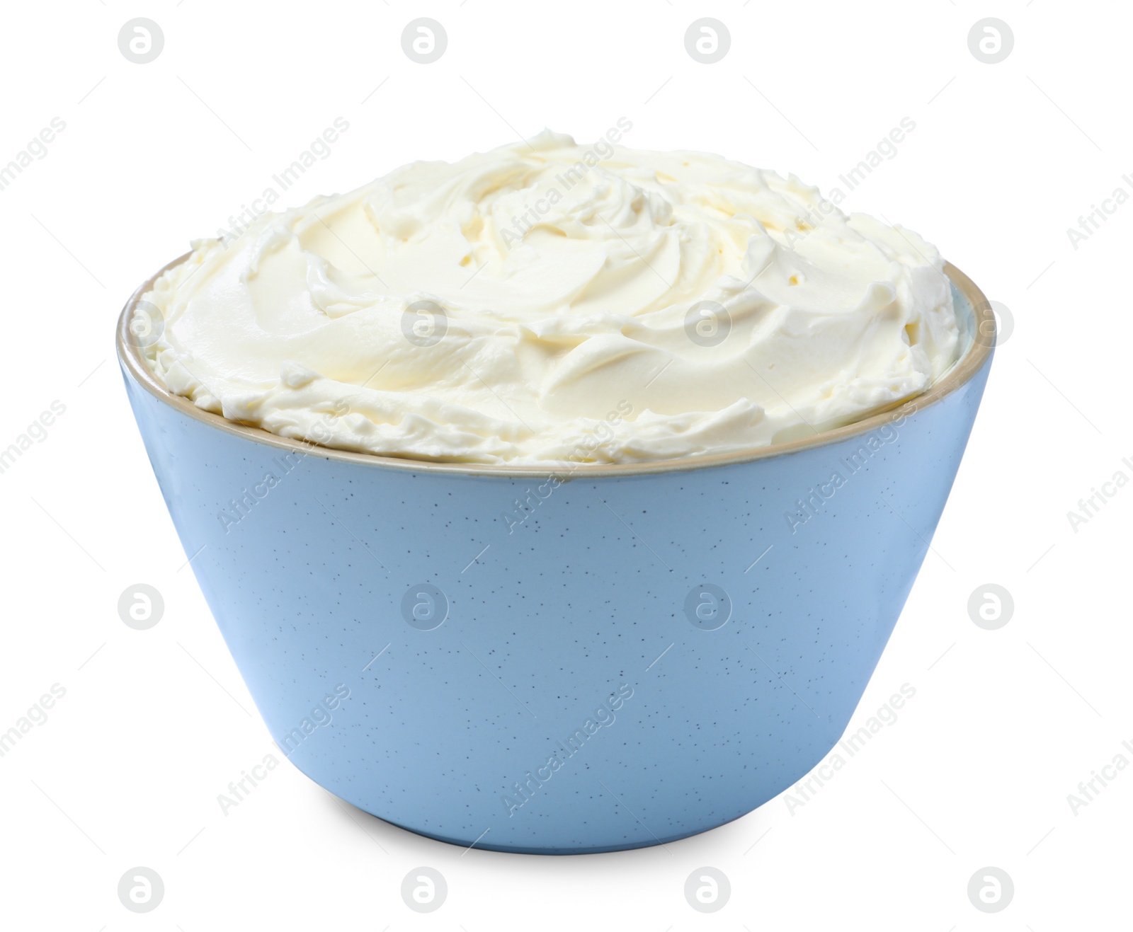 Photo of Bowl of tasty cream cheese isolated on white 