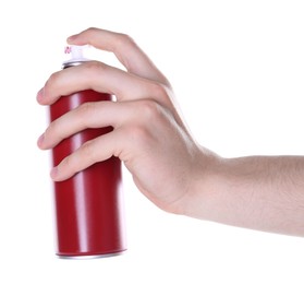 Photo of Man with can of spray paint on white background, closeup