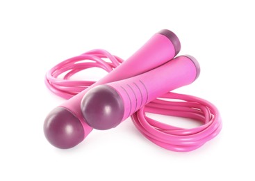 Photo of Pink skipping rope on white background. Sports equipment