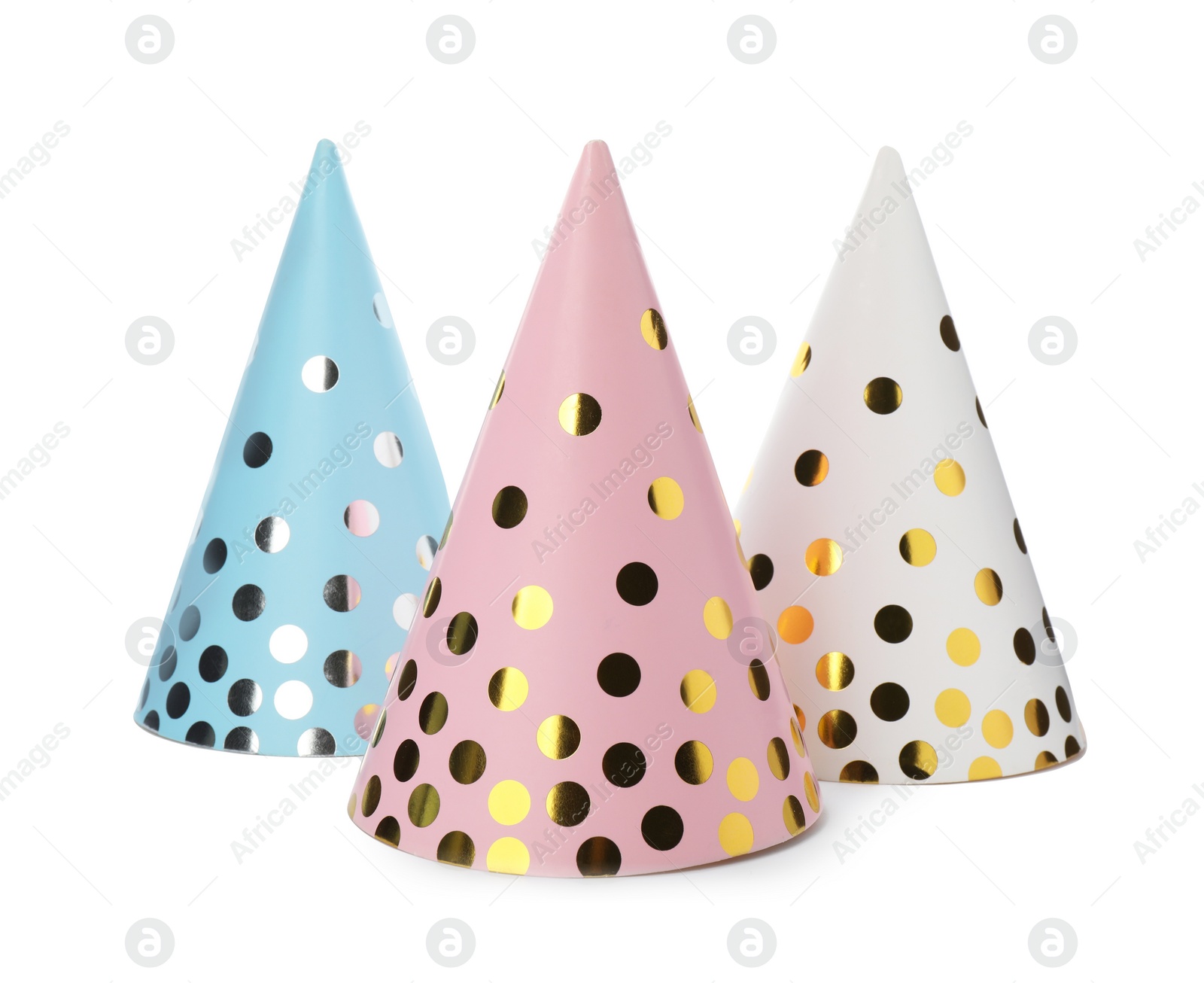 Photo of Bright party hats on white background. Festive accessory