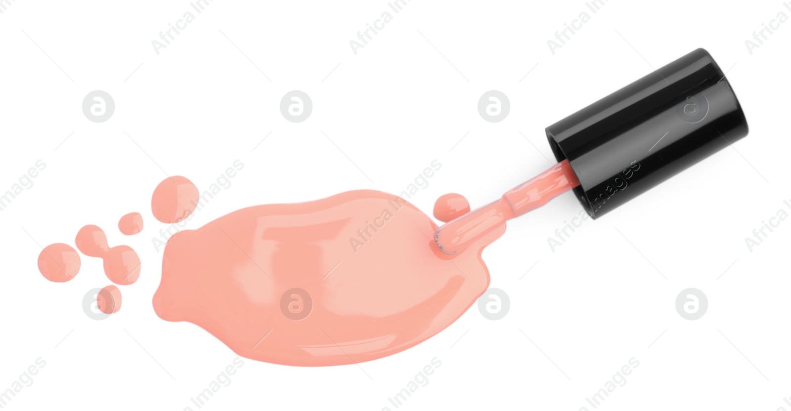 Photo of Coral nail polish and brush isolated on white, top view