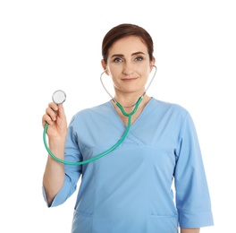 Photo of Portrait of female doctor in scrubs with stethoscope isolated on white. Medical staff