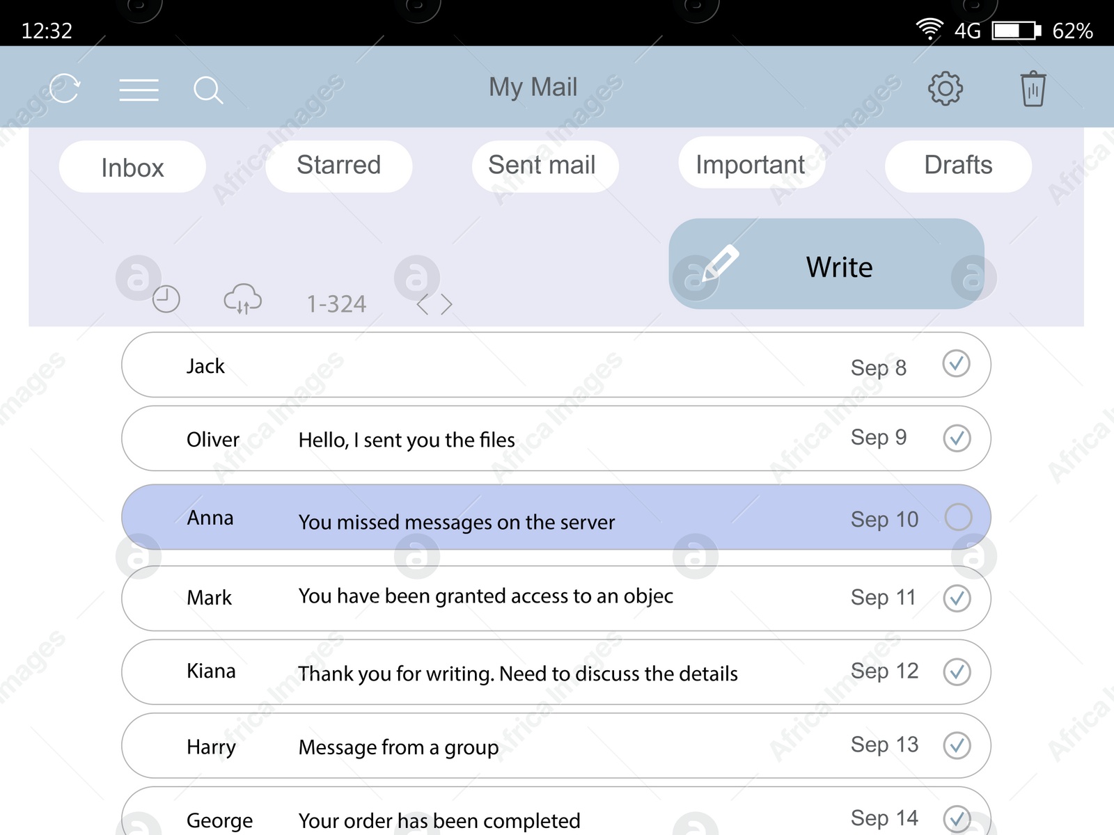 Illustration of Interface of mailbox, illustration. User's account with emails